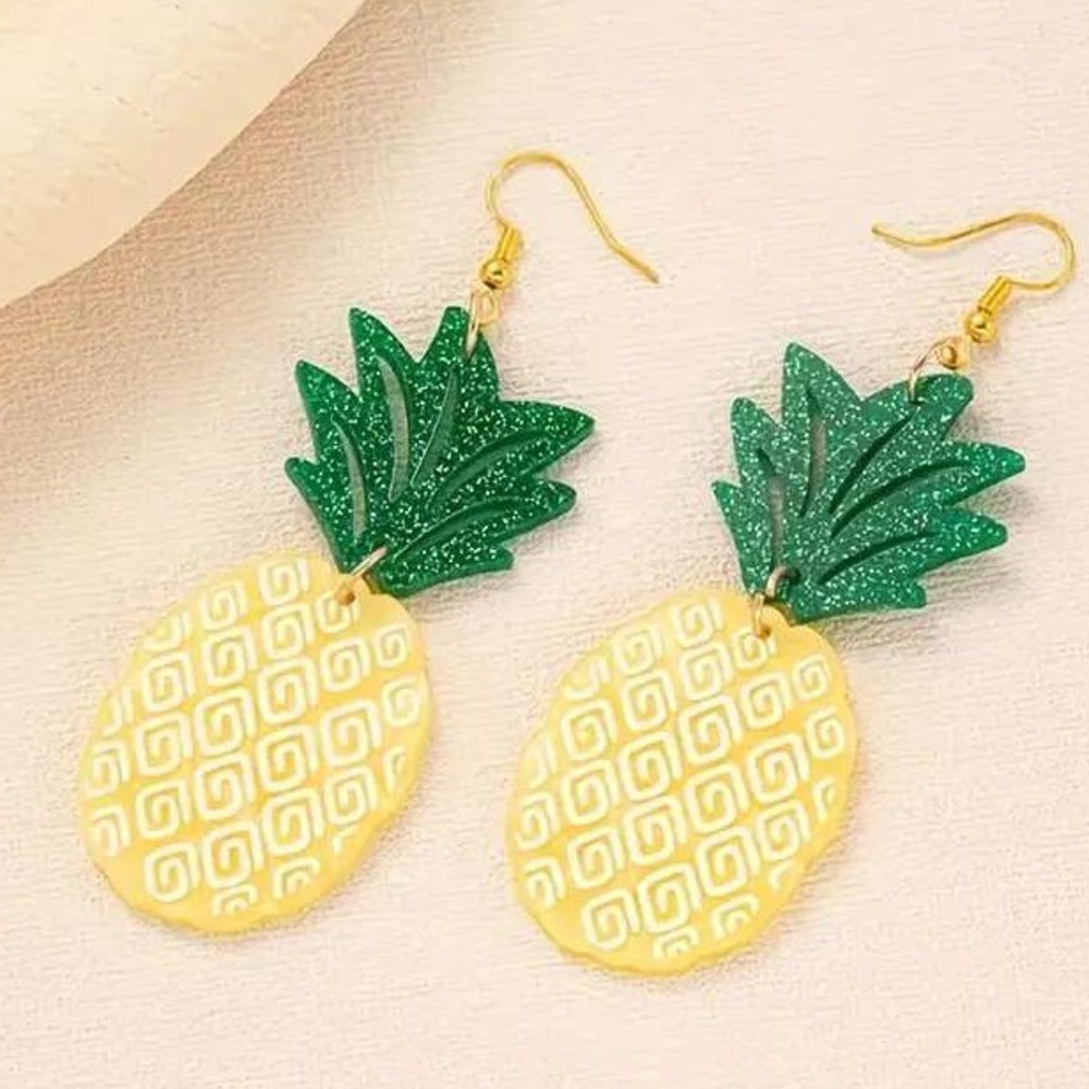 Pineapple Dangle Earrings Fruit Tropical Summer Yellow Green Cute Fun‎ Fashion